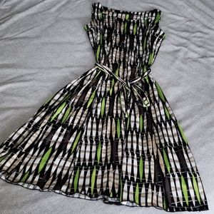 Black, Brown, Tan, and Green Accented Midi Dress